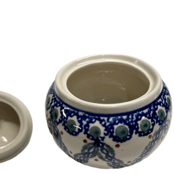 EUC Boleslawiec Polish Pottery Lidded Sugar Bowl-Blue Braided Chain Grn. 10 Oz. - Picture 7 of 9